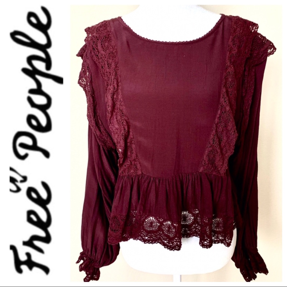 NEW FREE PEOPLE Lace Peplum Long Sleeve BLOUSE Top